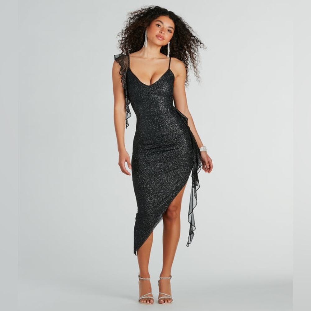 Windsor Sparkly Muse Ruffled Glitter Mesh Midi Dress